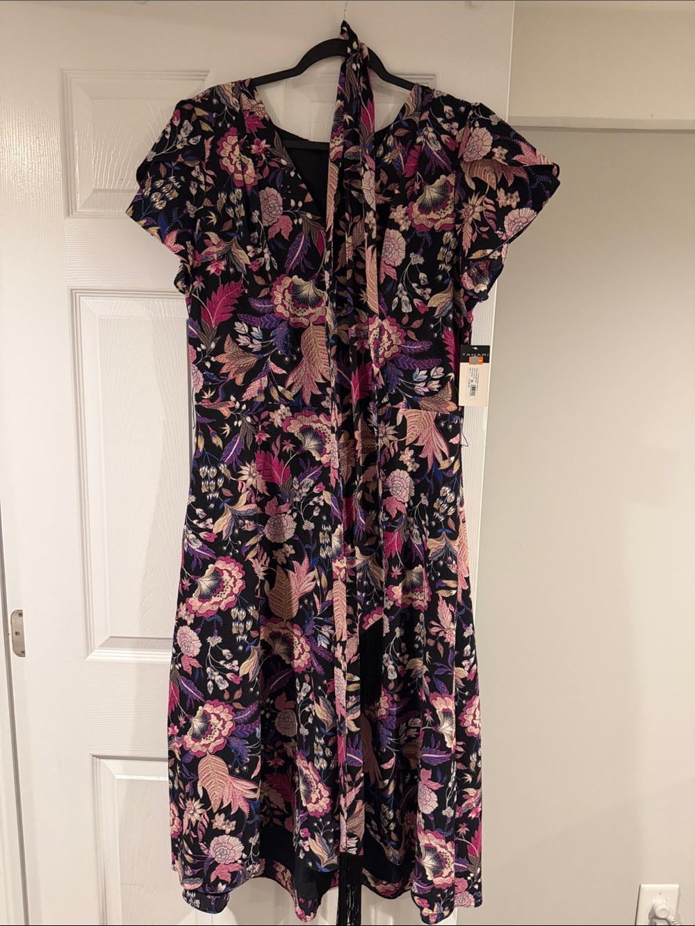 Tahari New Floral Midi Dress in Black with Pink & Purple Print 14